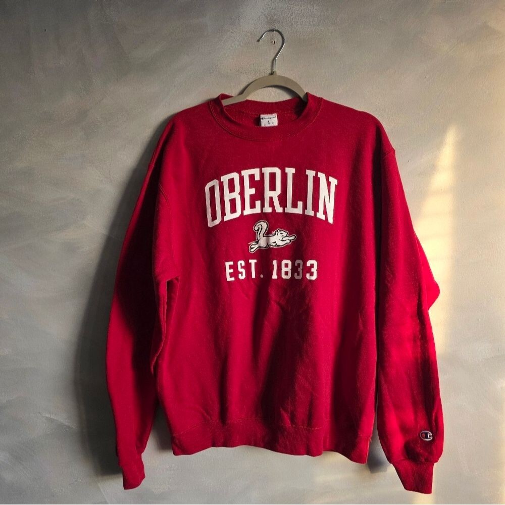 Men's Champion Cardinal Oberlin Red & White Fleece Crewneck Sweatshirt Sz L
